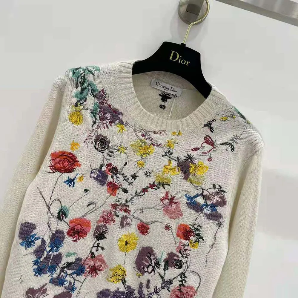 Dior Embroidered Sweater White Cashmere Knit with Red Multicolor Florilegio Motif for Women Dior Embroidered Sweater White Cashmere Knit with Red Multicolor Florilegio Motif for Women