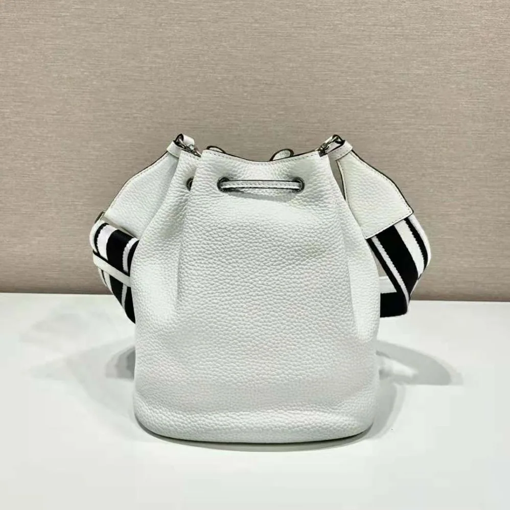 Prada Leather Bucket Bag with A Soft Silhouette for Women in White Prada Leather Bucket Bag with A Soft Silhouette for Women in White