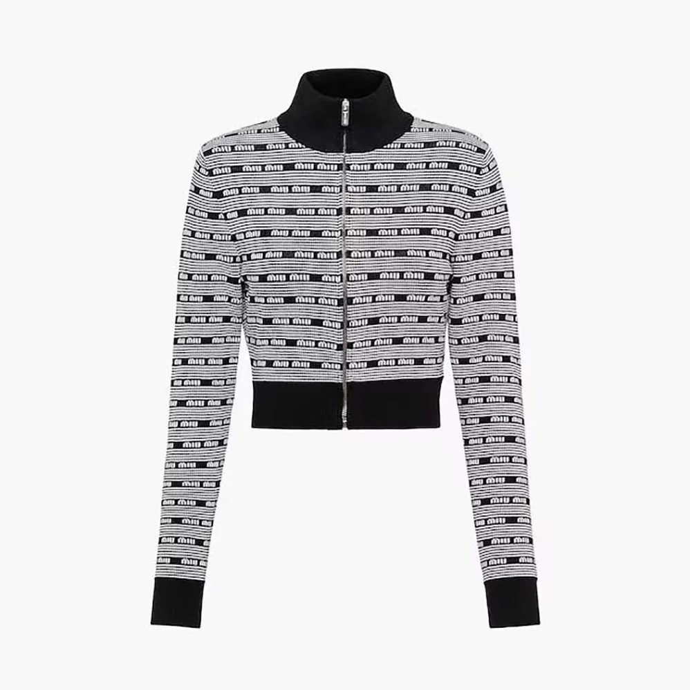 Miu Miu Viscose Turtleneck Cardigan with Jacquard Logo for Women in Black Miu Miu Viscose Turtleneck Cardigan with Jacquard Logo for Women in Black