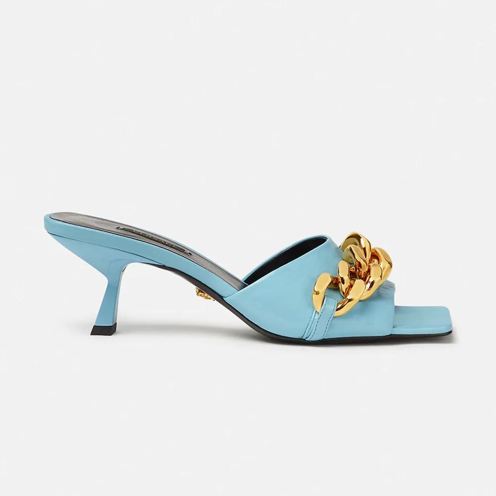 Versace Medusa Chain Mid-heel Naplak Mules for Women in Blue