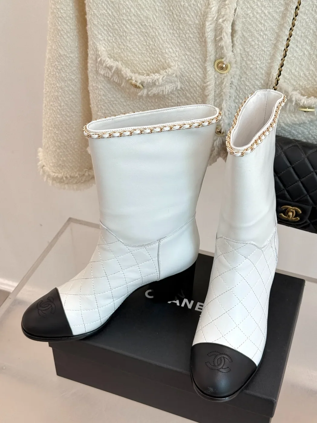 Chanel Double C Chunky Heel Boots With Chain Detail White Chanel Double C Chunky Heel Boots With Chain Detail White