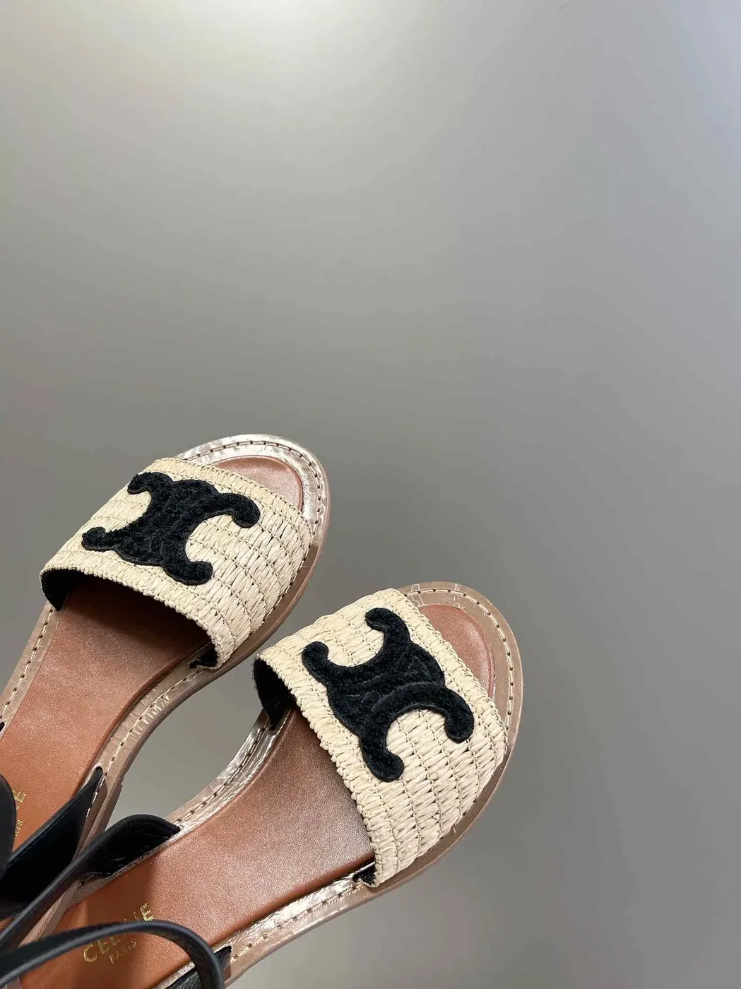 Celine Lympia Flat Strap Sandal In Raffia Black .02BL Celine Lympia Flat Strap Sandal In Raffia Black .02BL