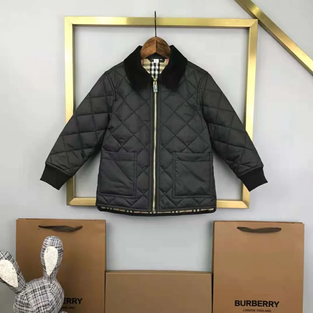 Burberry Kids' Corduroy Collar Diamond Quilted Jacket in Black
