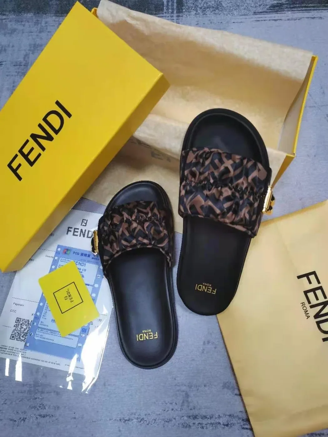 Fendi Feel Brown Satin Slides 8X8142AE7SF0R7V Fendi Feel Brown Satin Slides 8X8142AE7SF0R7V
