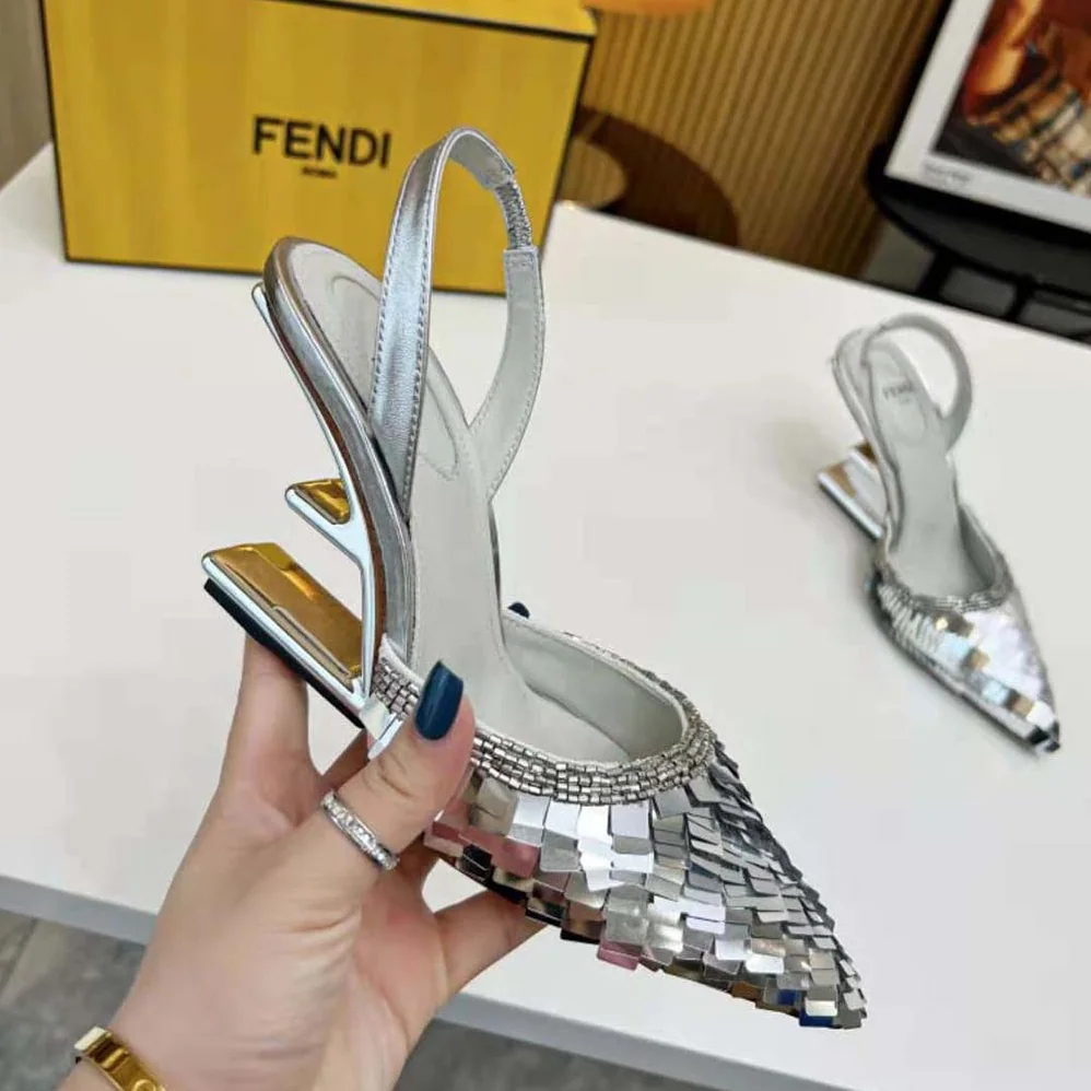 Fendi First Silver Sequin High for Women in Heeled Slingback