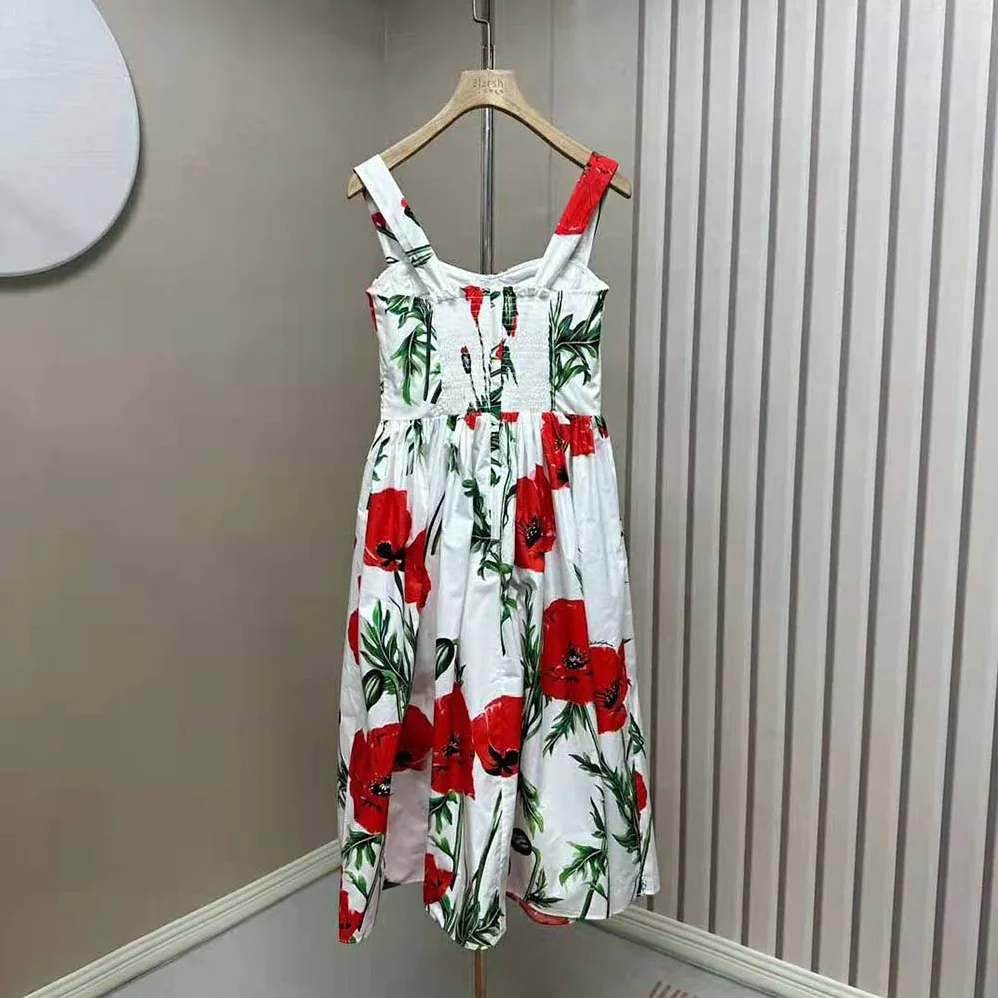 Dolce Gabbana D&G Poppy-Print Poplin Dress with Circle Skirt for Women
