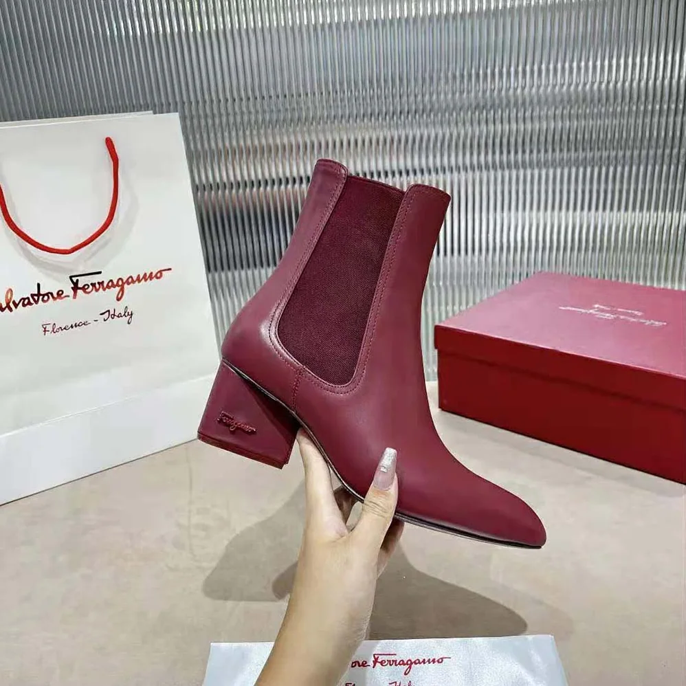 Salvatore Ferragamo Chelsea Boot in 55mm Heel for Women in Maroon Salvatore Ferragamo Chelsea Boot in 55mm Heel for Women in Maroon
