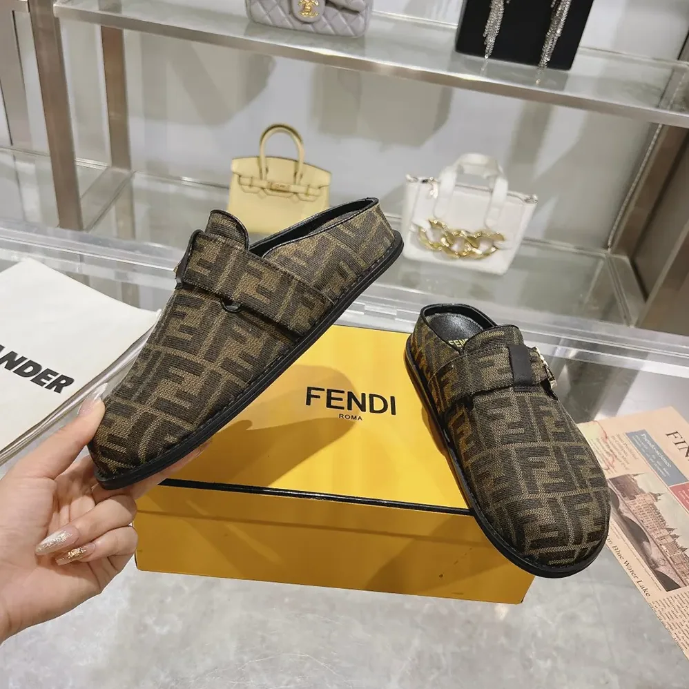 Fendi Feel Brown Fabric Sabots for Unisex