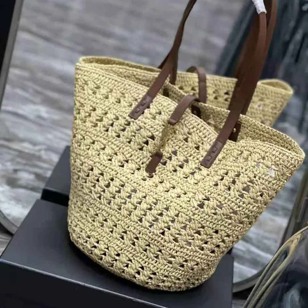 Saint Laurent YSL Panier Medium Bag in Crochet Raffia and Smooth Leather for Women