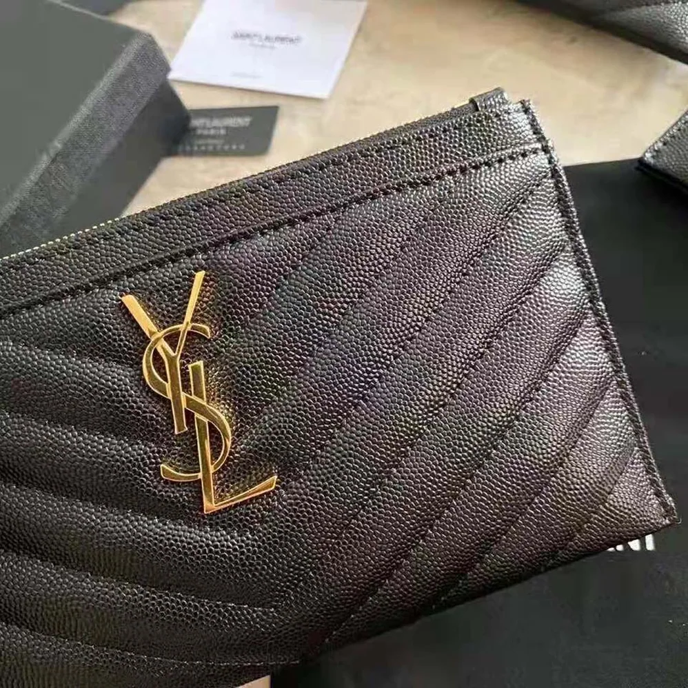 Saint Laurent YSL Monogram Bill Pouch in Grain DE Poudre Embossed Leather for Women in Black Saint Laurent YSL Monogram Bill Pouch in Grain DE Poudre Embossed Leather for Women in Black