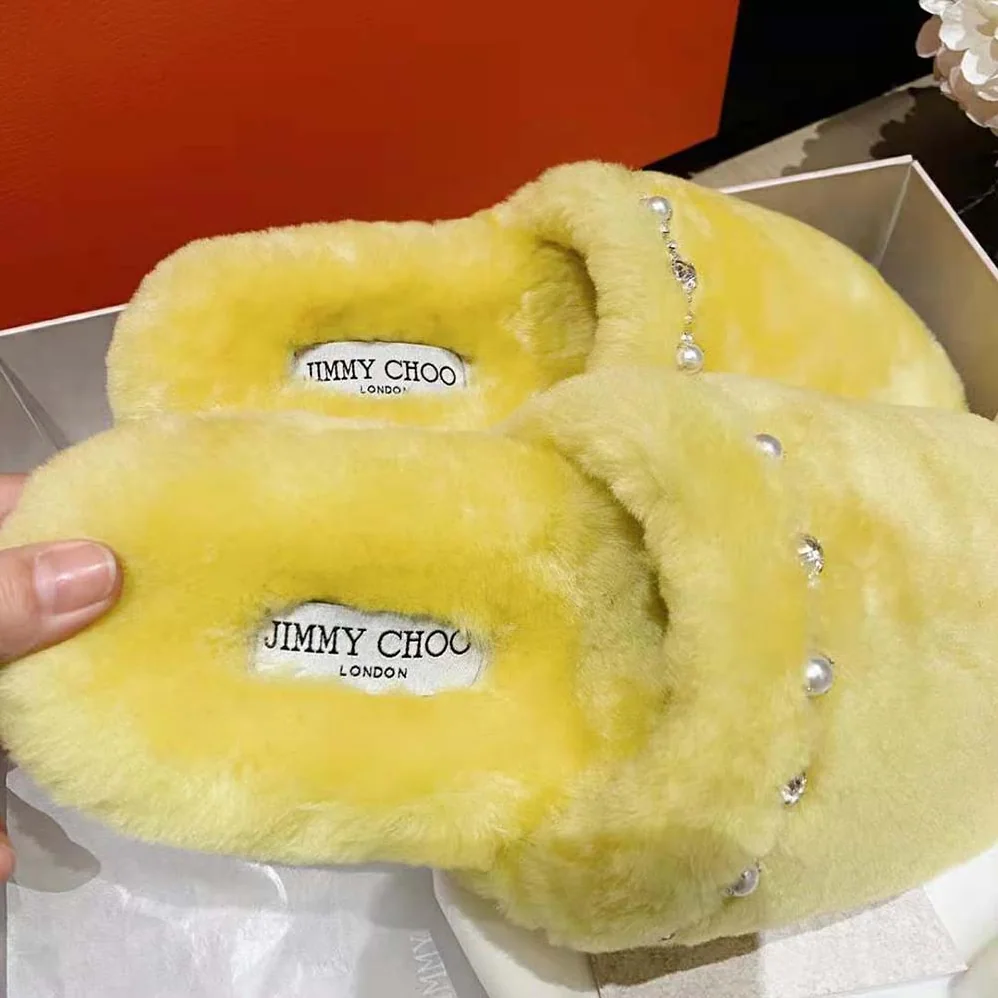 Jimmy Choo Aliette Flat Mimosa Shearling Slippers for Women in Yellow Jimmy Choo Aliette Flat Mimosa Shearling Slippers for Women in Yellow