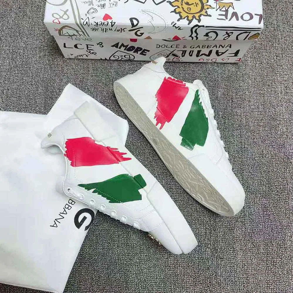 Dolce Gabbana D&G Calfskin Portofino Light Sneakers with Print for Women in White