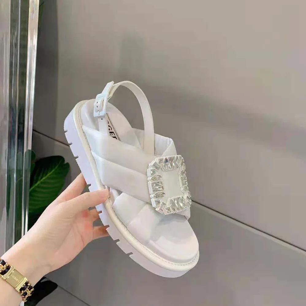 Roger Vivier Viv Winter Strass Buckle Sandals in Technical Fabrics for Women in White Roger Vivier Viv Winter Strass Buckle Sandals in Technical Fabrics for Women in White