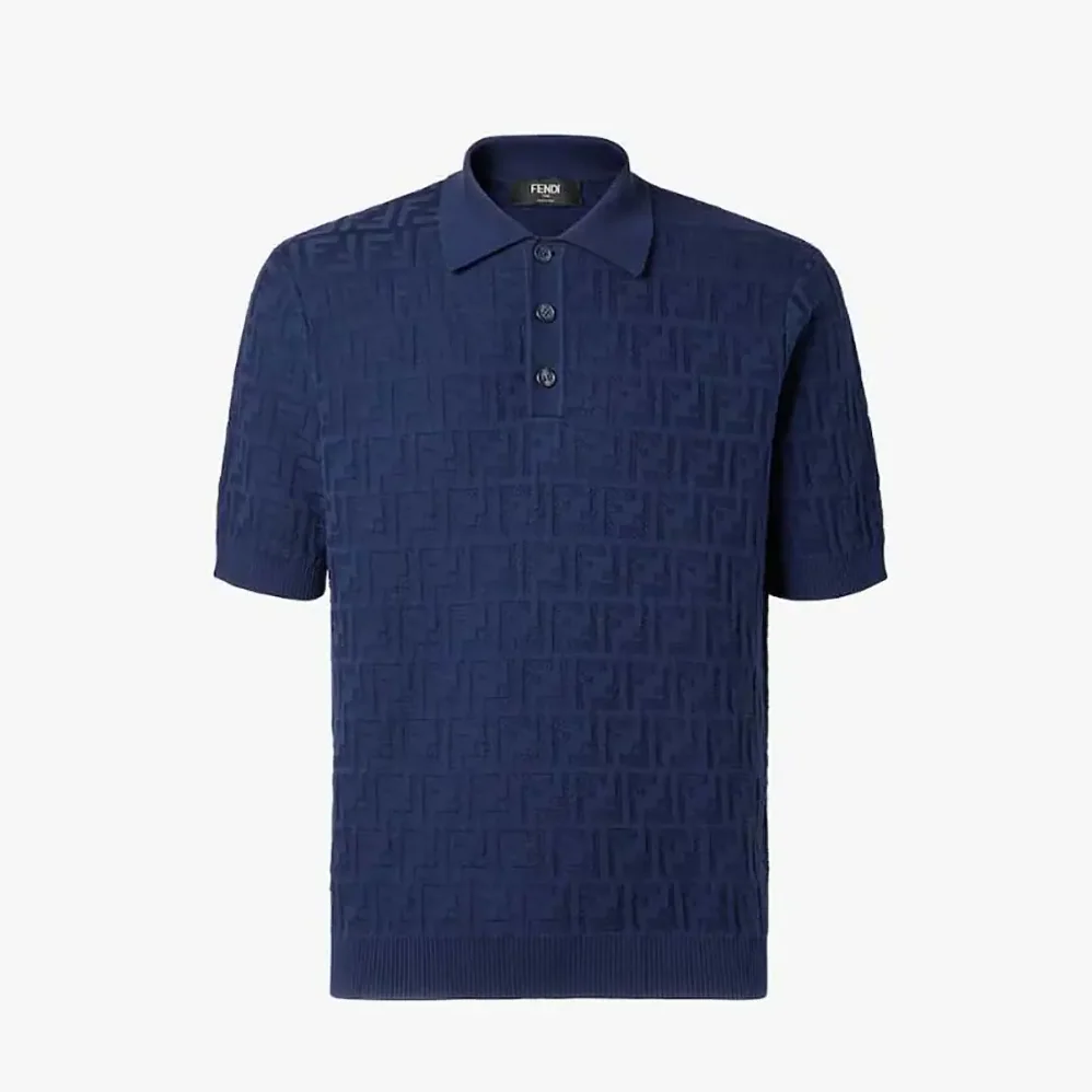 Fendi Dark Blue Cotton Tricot Polo Shirt for Men