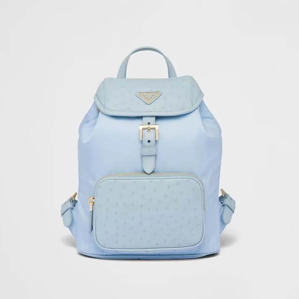 Prada Re-Nylon and Ostrich Leather Backpack for Women in Blue Prada Re-Nylon and Ostrich Leather Backpack for Women in Blue