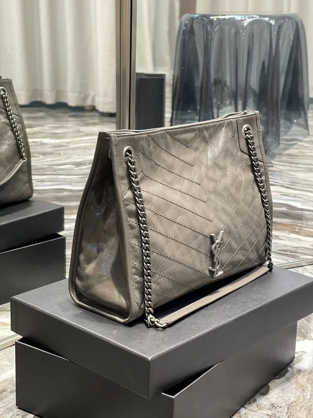 Saint Laurent Niki Shopping Medium Tote Bag in Green Khaki Silver Hardware