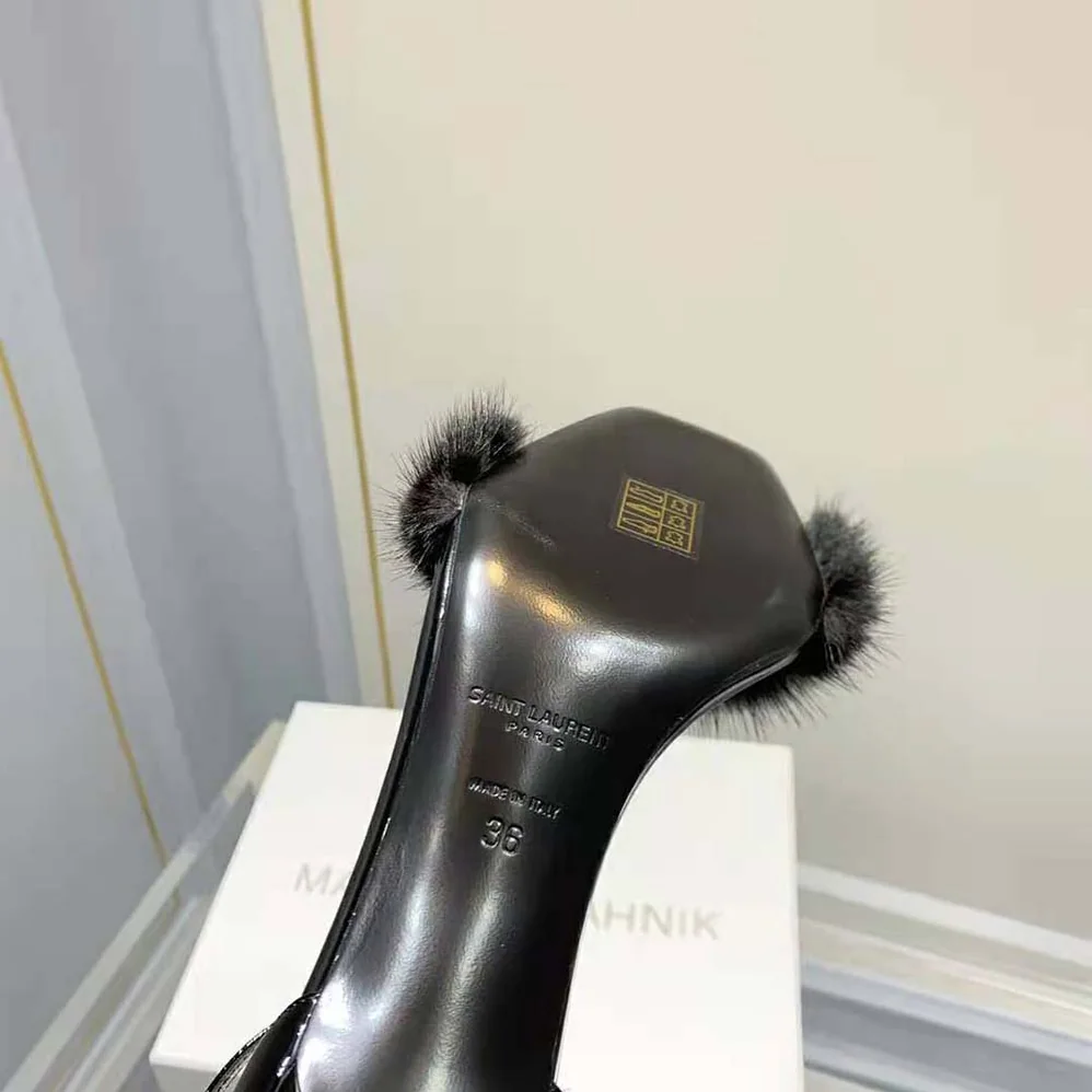 Saint Laurent YSL Bea Sandals in Patent Leather and Mink for Women Saint Laurent YSL Bea Sandals in Patent Leather and Mink for Women