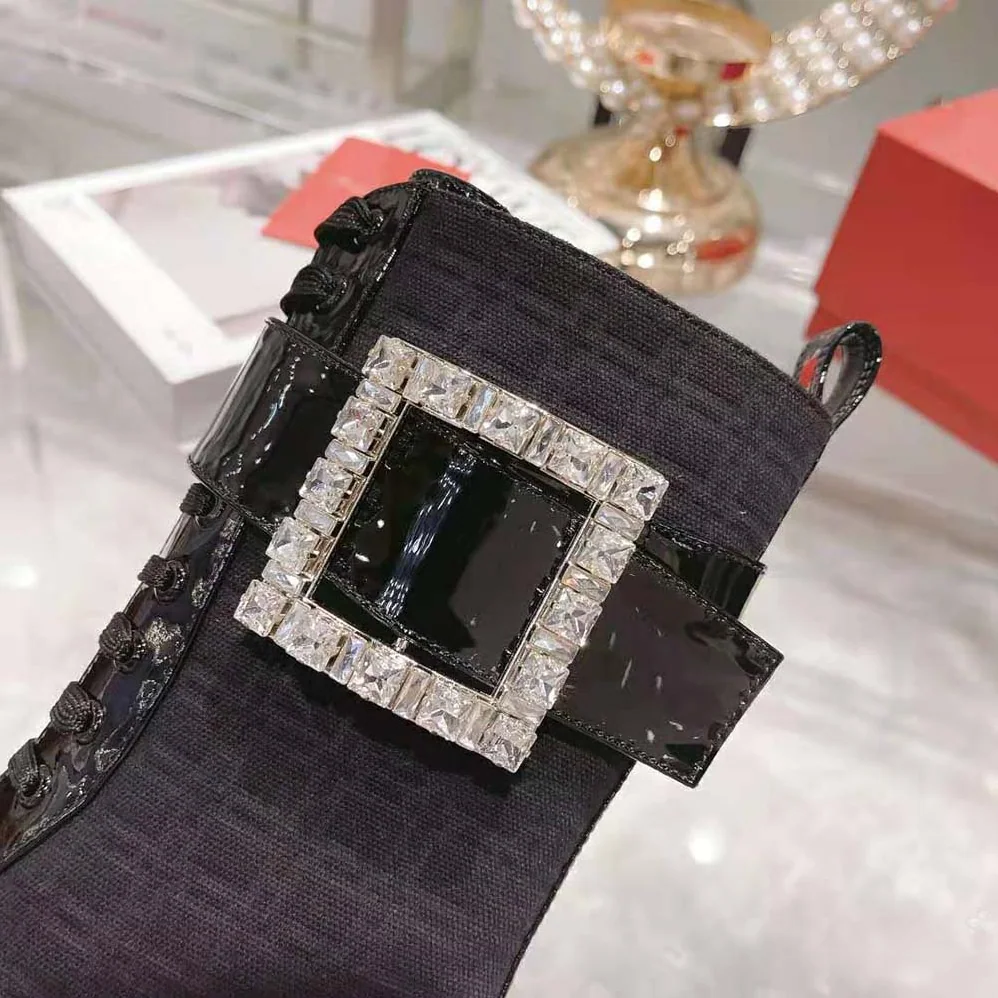 Roger Vivier Viv' Rangers Strass Buckle Boots in Fabrics for Women in Black Roger Vivier Viv' Rangers Strass Buckle Boots in Fabrics for Women in Black