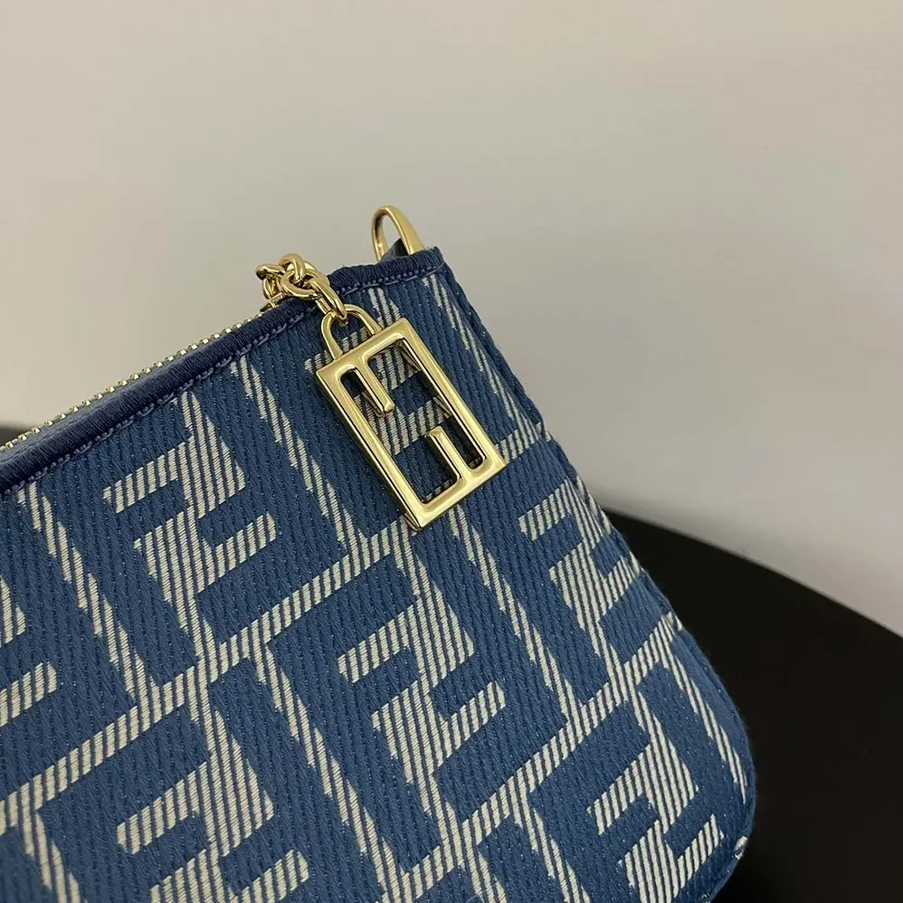 Fendi Baguette Pouch Blue Denim-effect FF Jacquard Charm Pouch with Chain for Women