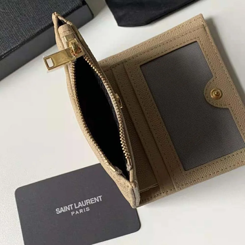Saint Laurent YSL Monogram Zipped Card Case in Grain DE Poudre Embossed Leather for Women in Pink Saint Laurent YSL Monogram Zipped Card Case in Grain DE Poudre Embossed Leather for Women in Pink