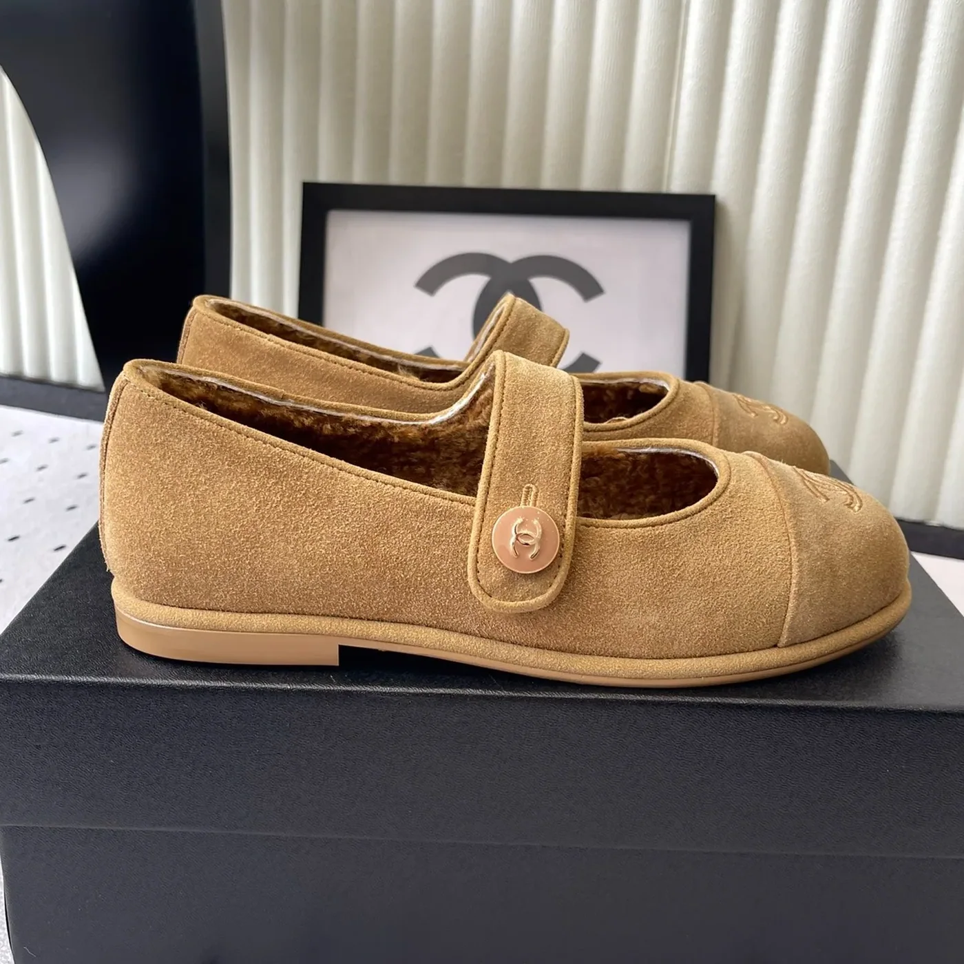 Chanel Mary Jane Flats Tan Suede Shearling