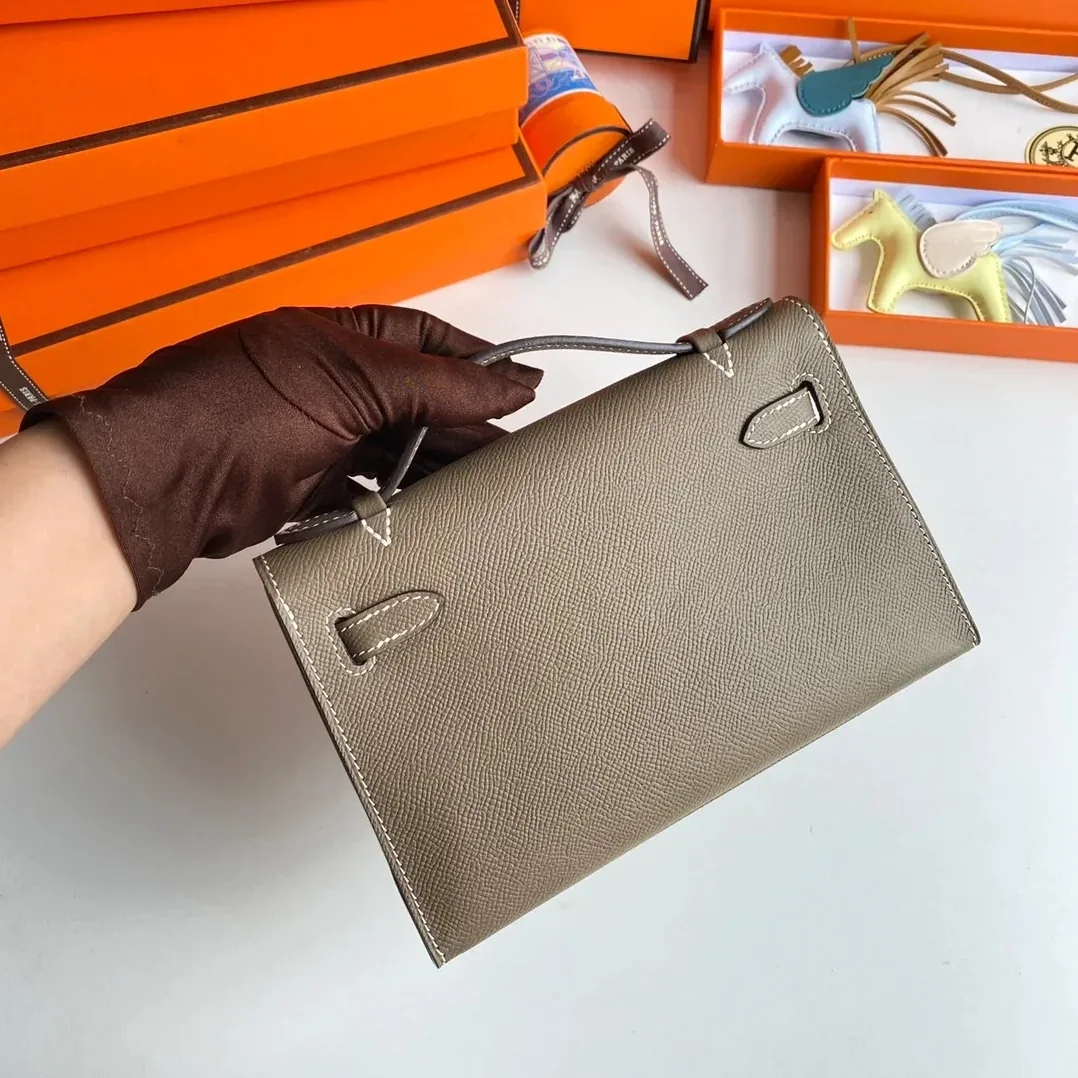 Hermes Kelly Pochette Top Handle Bag in Etoupe Epsom Palladium Hardware Hermes Kelly Pochette Top Handle Bag in Etoupe Epsom Palladium Hardware