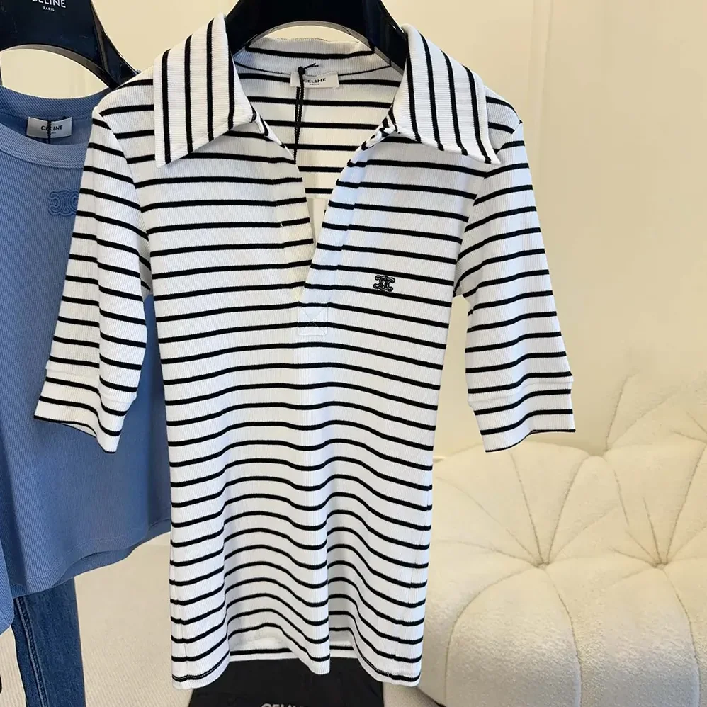 Celine Polo Shirt in Striped Silk Jersey for Women Celine Polo Shirt in Striped Silk Jersey for Women