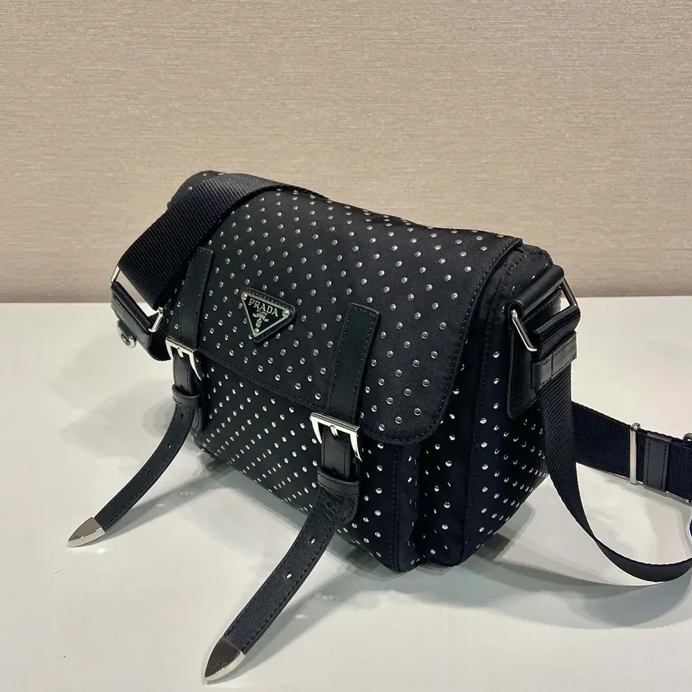 Prada Re-Nylon Shoulder Bag with Studs for Women