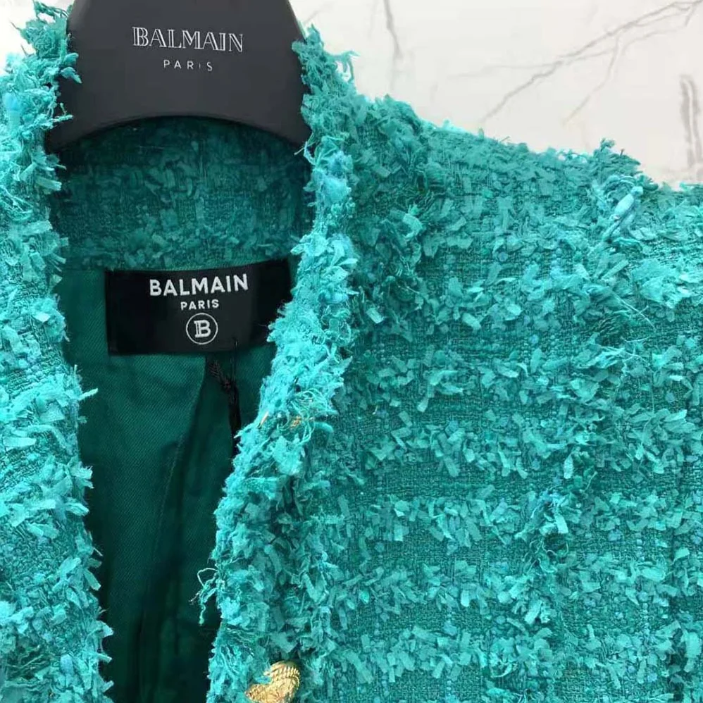 Balmain Fringed Tweed Jacket for Women in Green