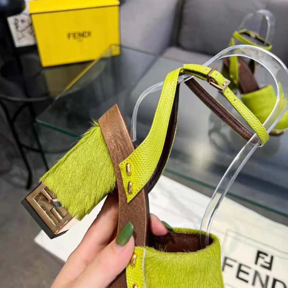 Fendi Baguette Show Green Pony Hair High for Women in Heeled Clogs Fendi Baguette Show Green Pony Hair High for Women in Heeled Clogs