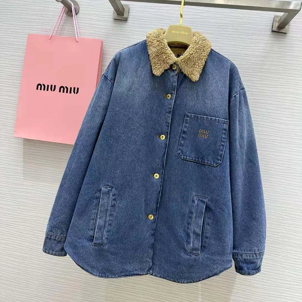 Miu Miu Embroidered Denim Blouson Jacket with Embroidered Logo for Women