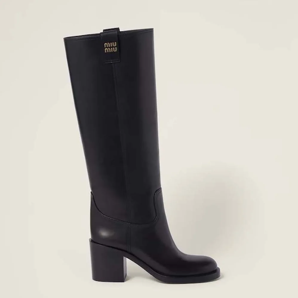 Miu Miu Leather Booties with Screen-printed Logo for Women in Black