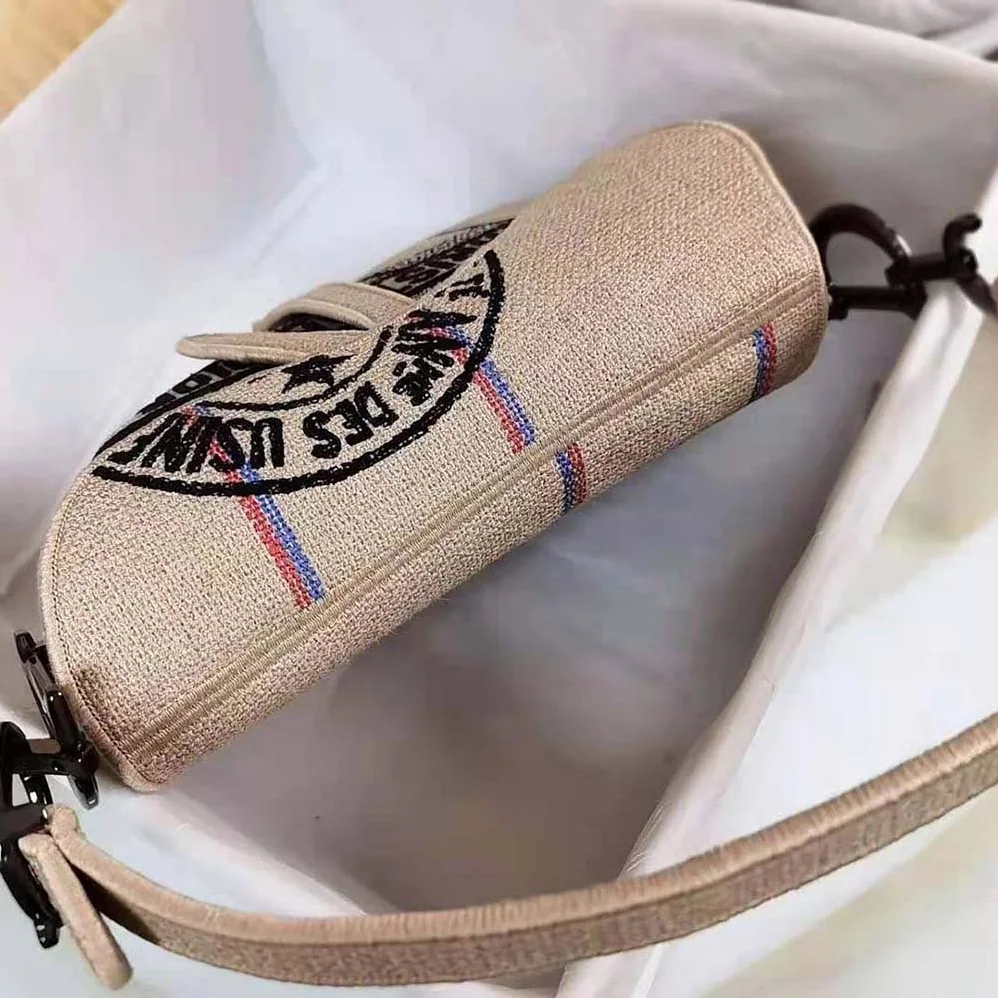 Dior Saddle Bag Beige Jute Canvas Embroidered with Dior Union Motif for Women