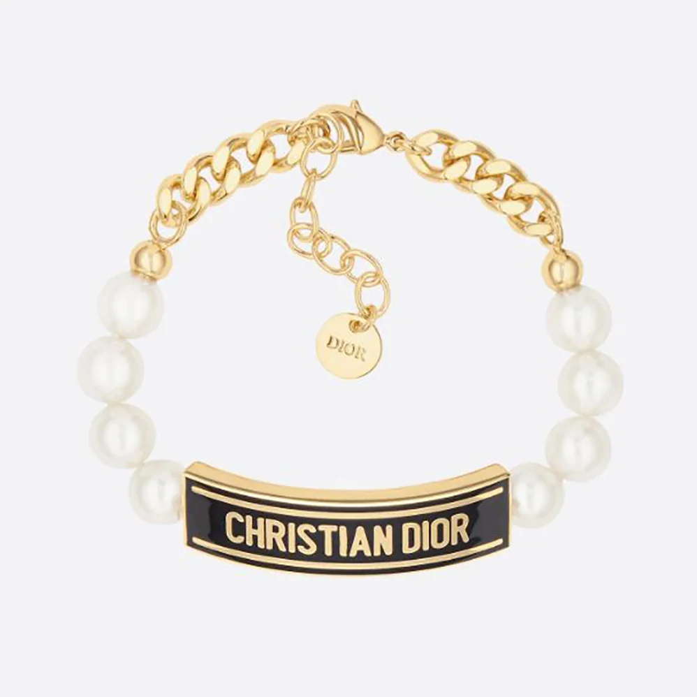 Dior Dior-id Bracelet Gold-Finish Metal with White Resin Pearls and Black Lacquer for Women Dior Dior-id Bracelet Gold-Finish Metal with White Resin Pearls and Black Lacquer for Women