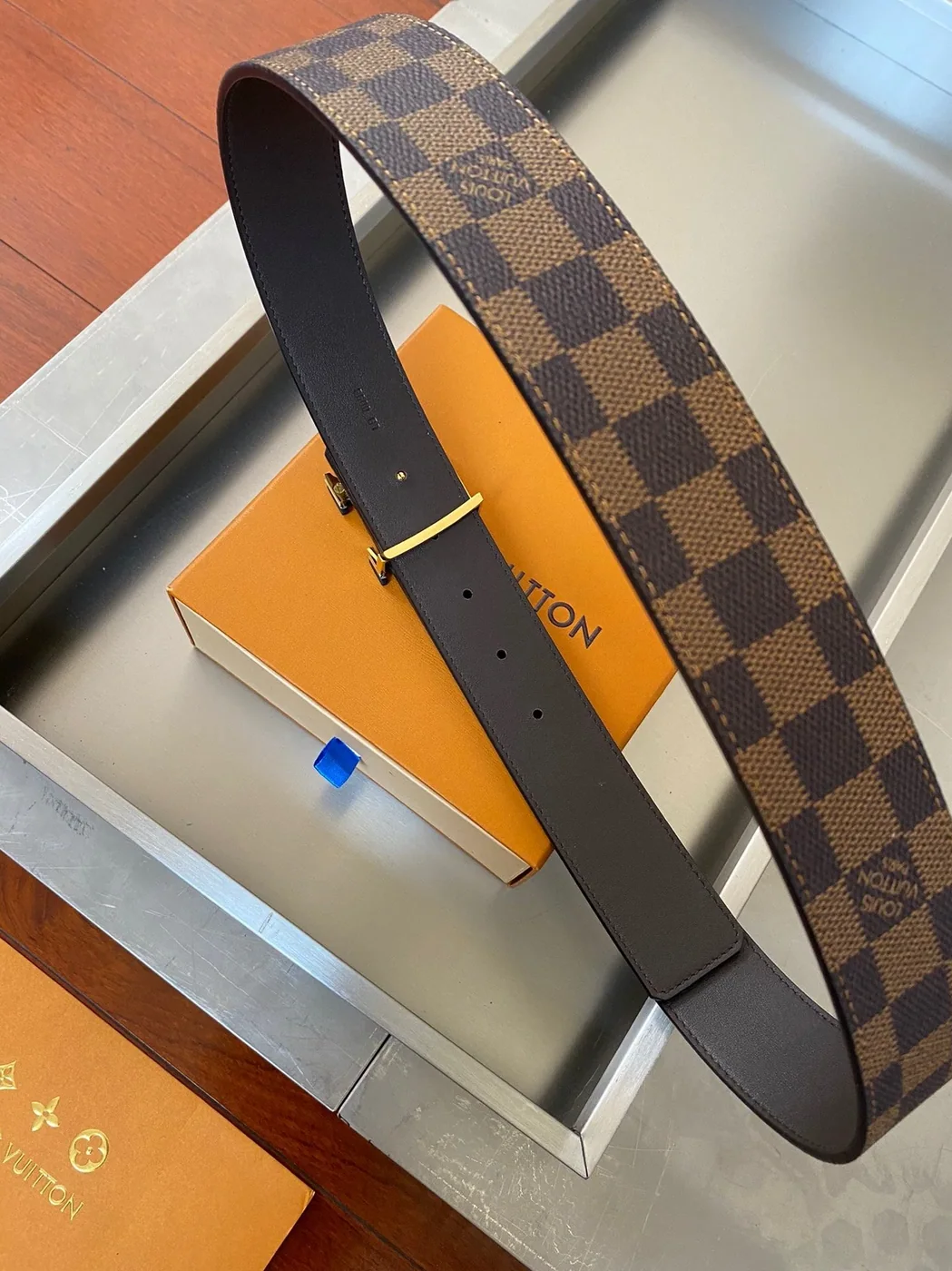 Louis Vuitton Initiales Reversible LV Belt with Damier Ebene Canvas Gold Toned Hardware Louis Vuitton Initiales Reversible LV Belt with Damier Ebene Canvas Gold Toned Hardware