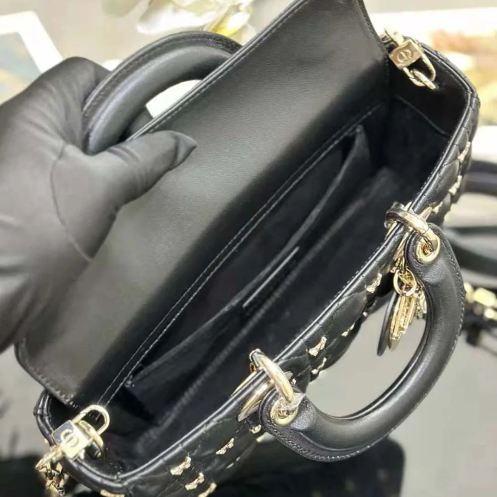 Dior Medium Lady D-joy Bag Black Cannage Lambskin with Gold for Women in Finish Butterfly Studs Dior Medium Lady D-joy Bag Black Cannage Lambskin with Gold for Women in Finish Butterfly Studs
