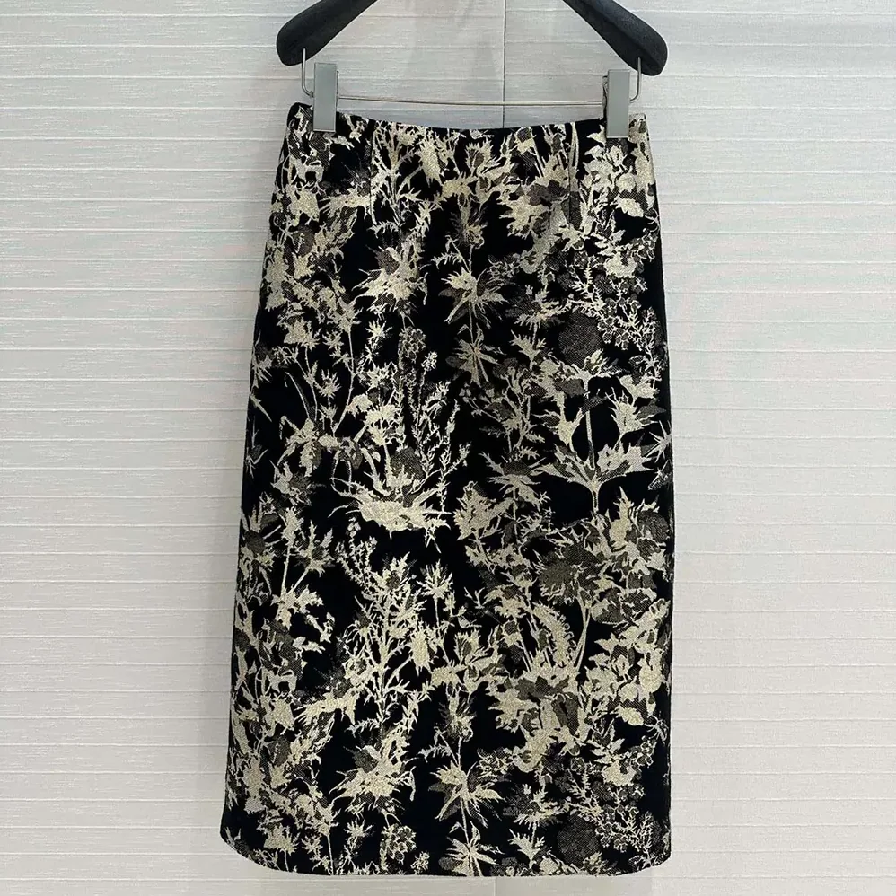 Dior Mid-Length Straight Skirt Black Technical Fabric with Gold for Women in Tone Dior Chardons Motif