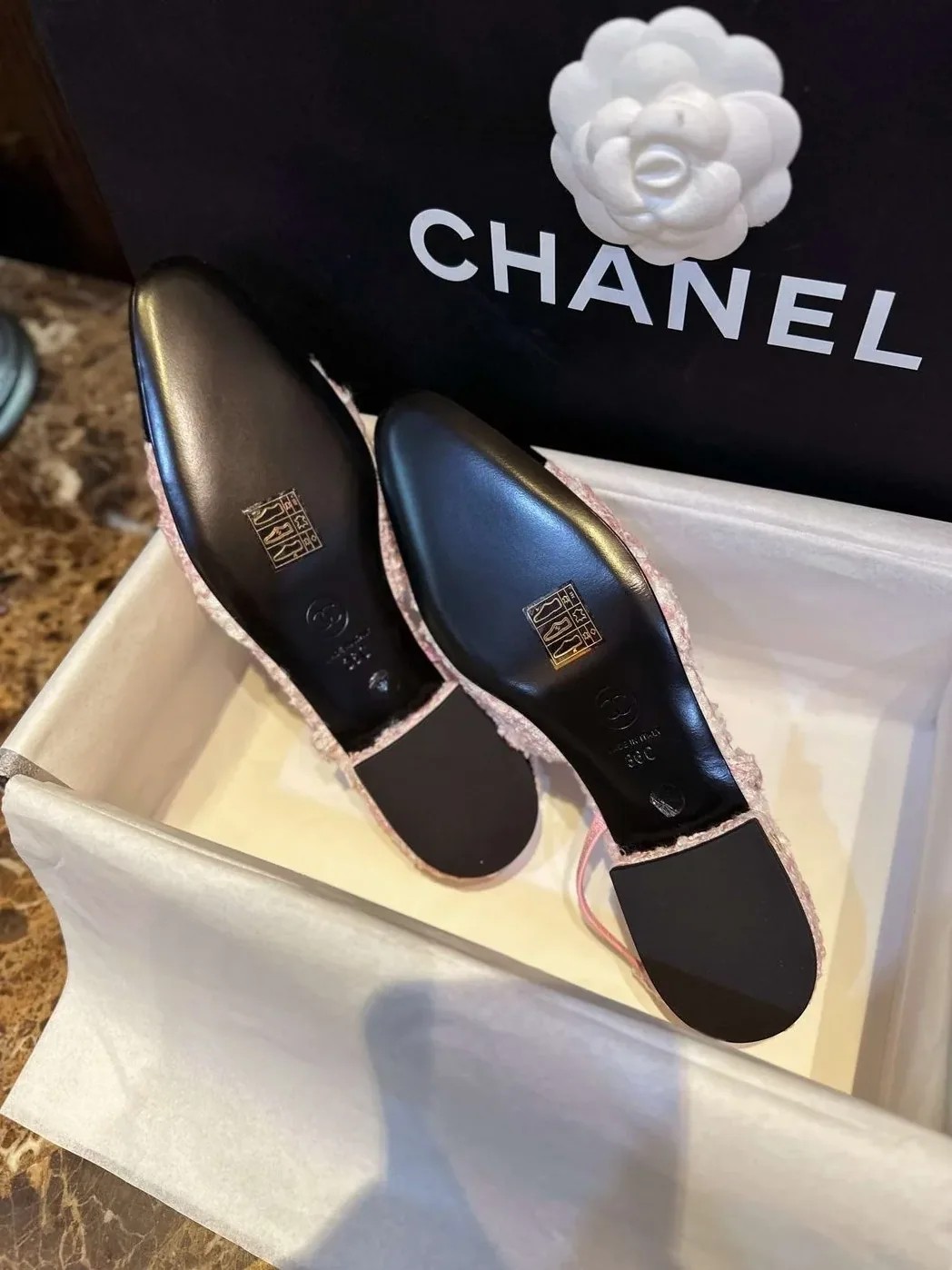 Chanel Sling Back Tweed Sandals Pink