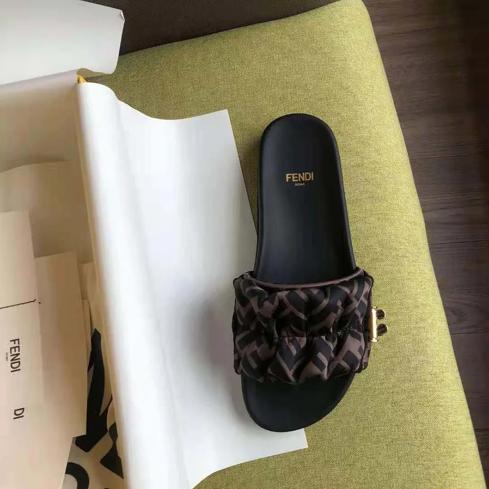 Fendi Vertigo Brown Satin Slides for Women