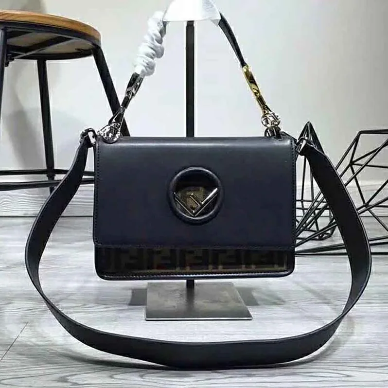 Fendi KAN I F Top Flap Strap Bag with Logo Stitch in Black