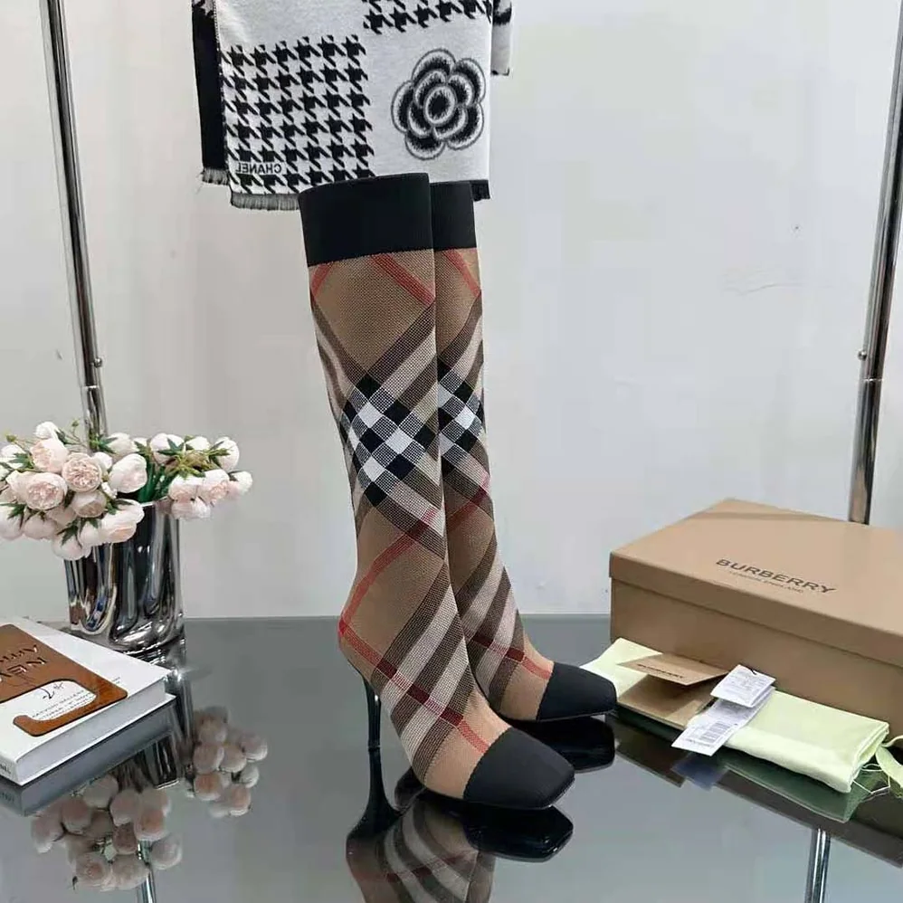 Burberry Knitted Check Sock Boots for Women in Brown