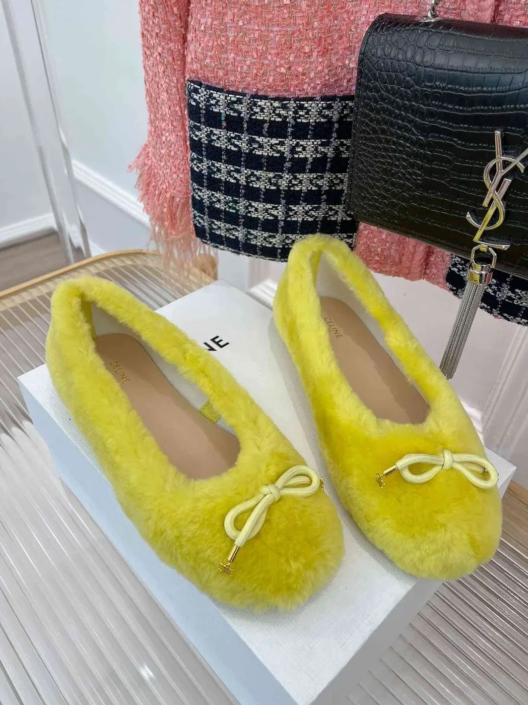 Celine Les Ballerines Celine Ballerina With Triomphe Laces And Fur Yellow