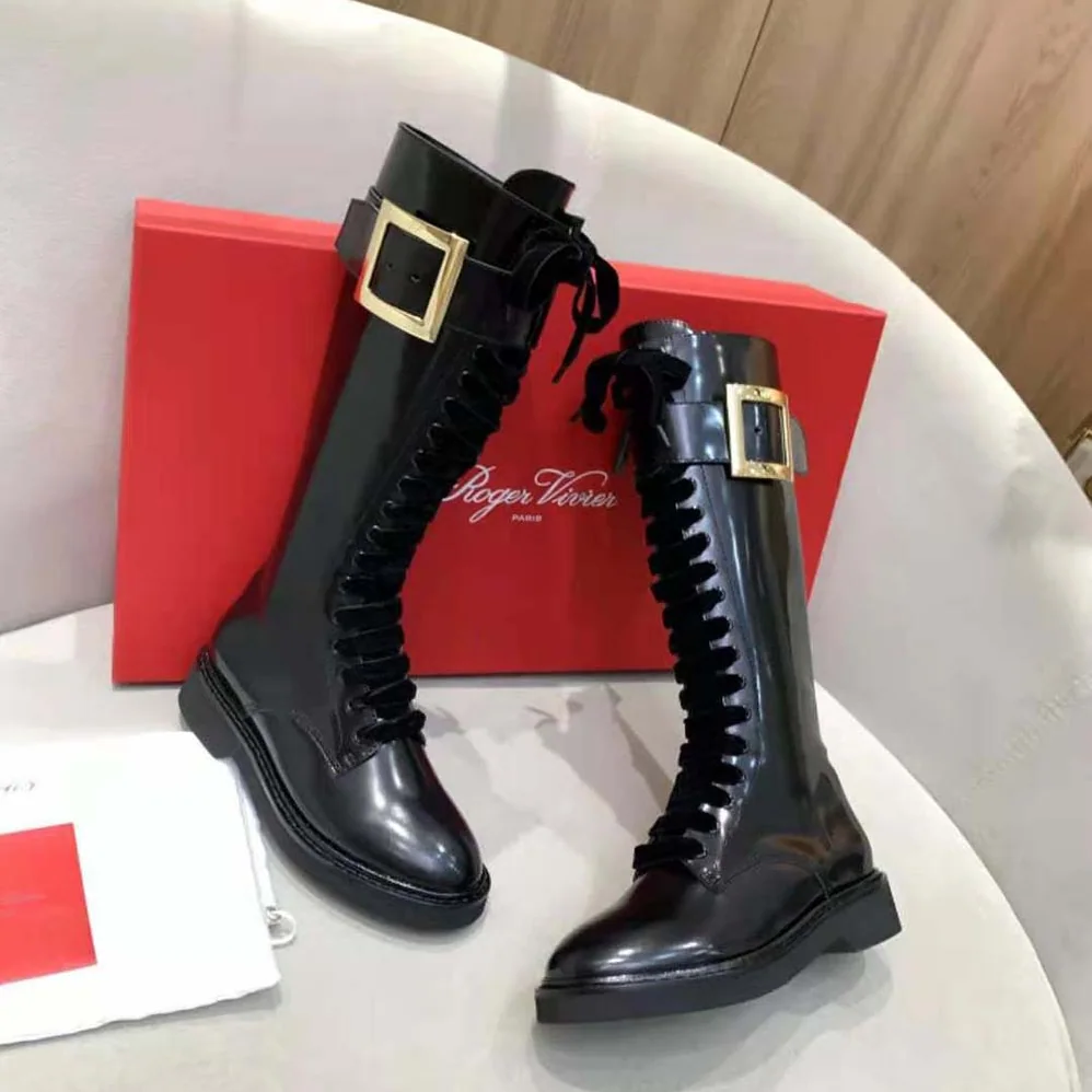 Roger Vivier Rangers Lace Up Metal Buckle Boots in Leather for Women