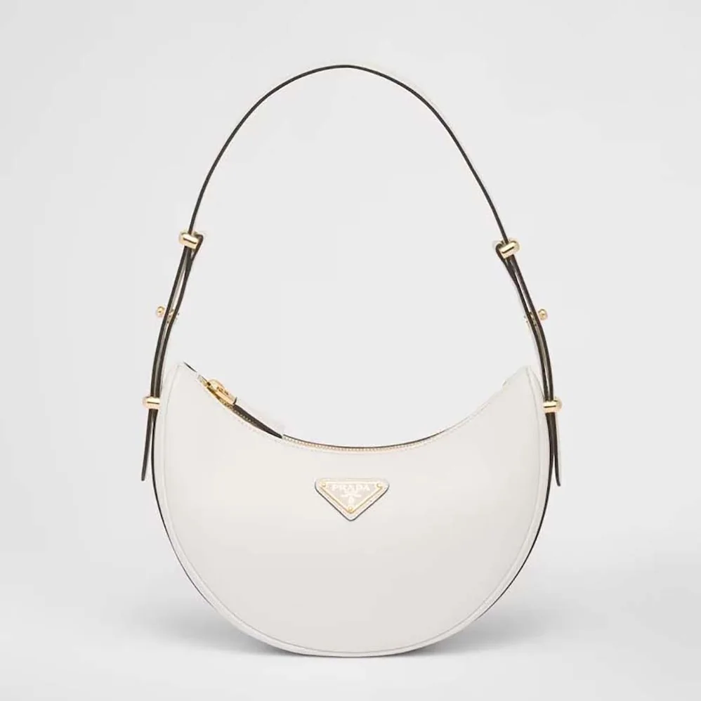 Prada Leather Shoulder Bag with Enameled Metal Triangle Logo for Women in White