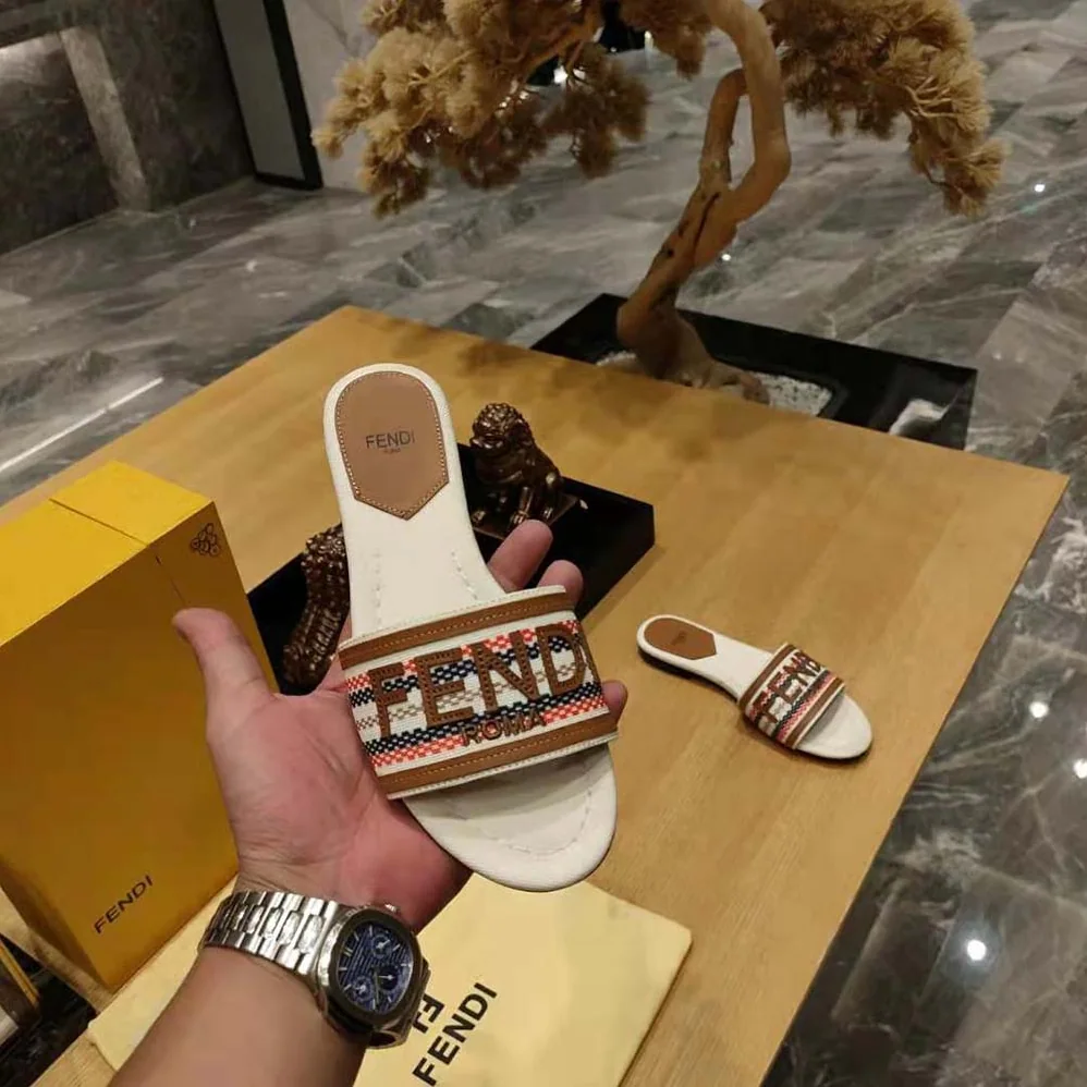 Fendi Signature Beige Canvas Slides for Women Fendi Signature Beige Canvas Slides for Women