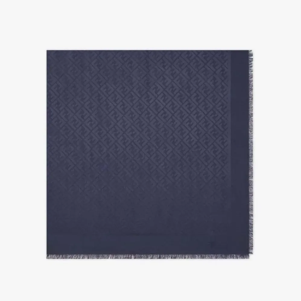 Fendi FF Navy Blue Silk and Wool Shawl for Unisex Fendi FF Navy Blue Silk and Wool Shawl for Unisex