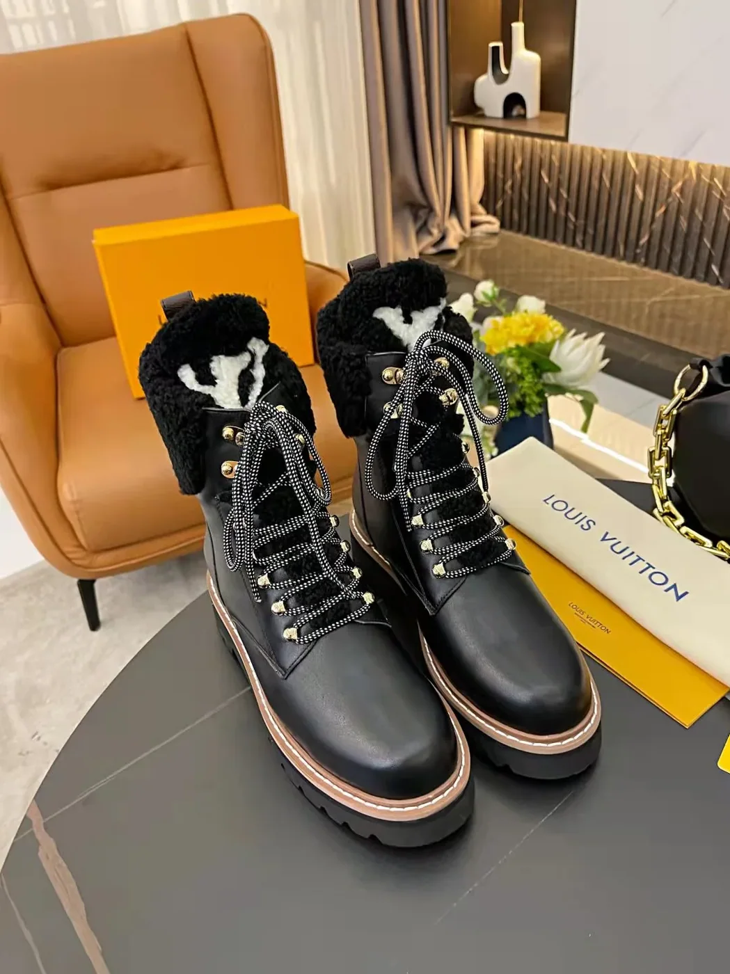 Louis Vuitton Territory Flat Military Boots Black for Women