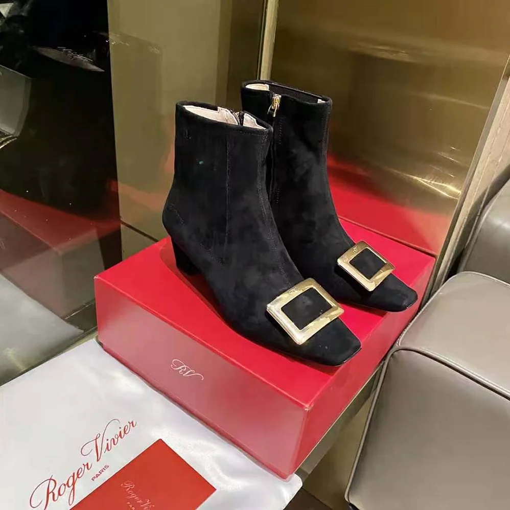 Roger Vivier Belle Vivier Metal Buckle Chelsea Booties in Suede for Women