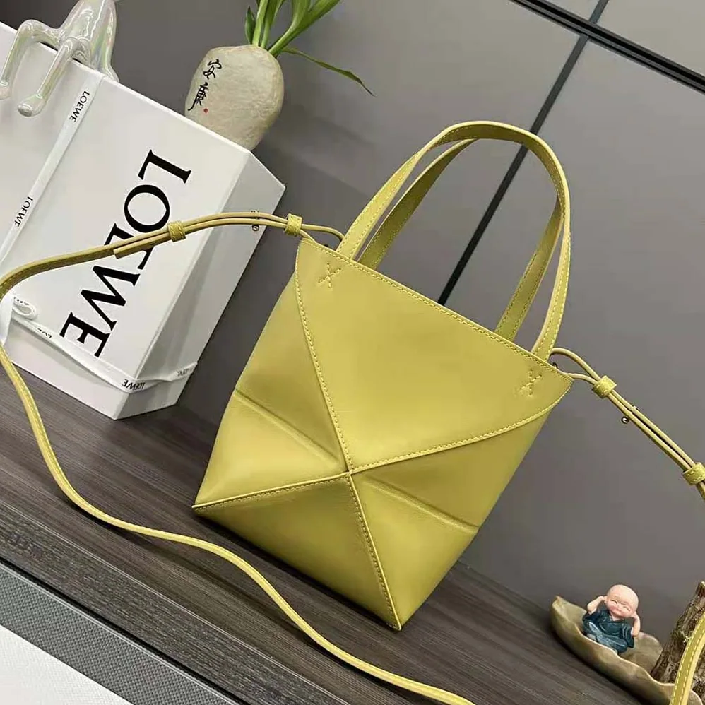 Loewe Mini Puzzle Fold Tote in Shiny Calfskin for Unisex in Yellow Loewe Mini Puzzle Fold Tote in Shiny Calfskin for Unisex in Yellow