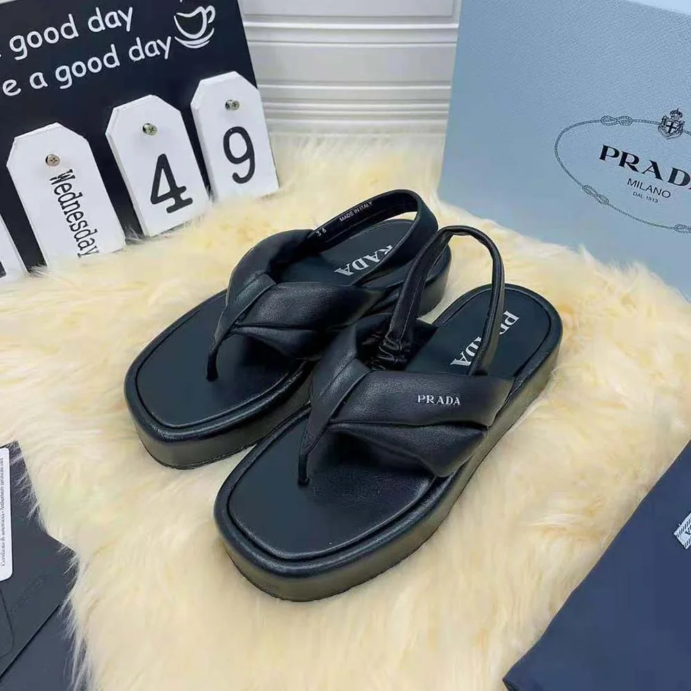 Prada Nappa Leather Thong Flatform Sandals for Women in Black